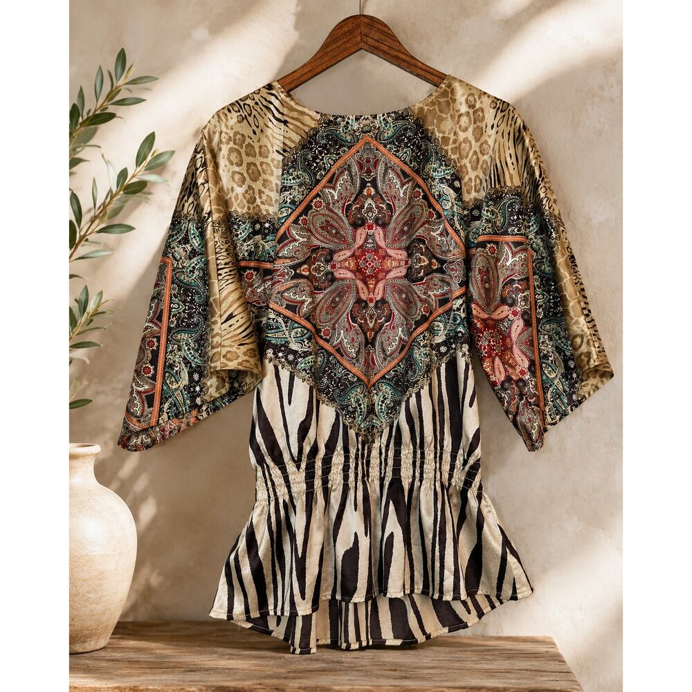 Boho Medallion & Zebra Print Tunic Top - Satiny Texture Women's M Chico's Size 1